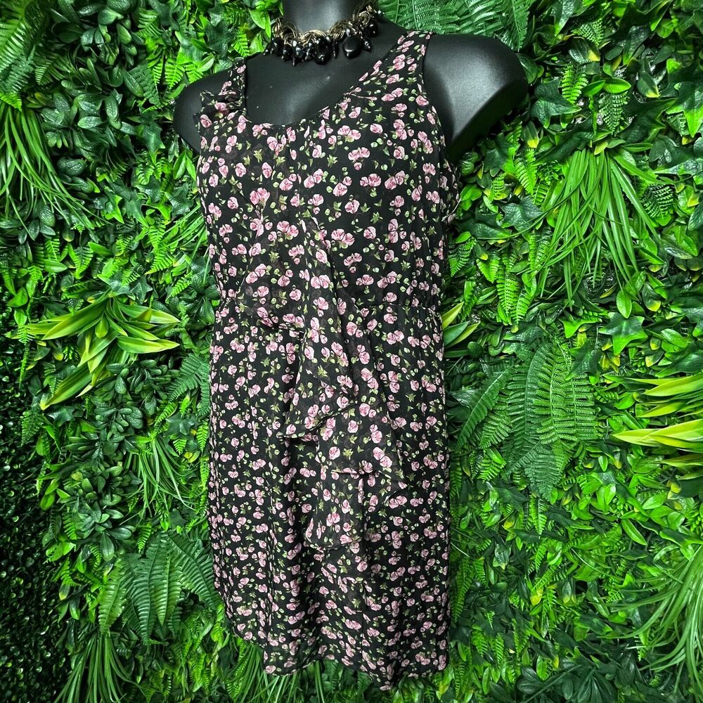 Women Dress 12P Black‎ V Neckline Floral Printed Ruffle Another Thyme 1341